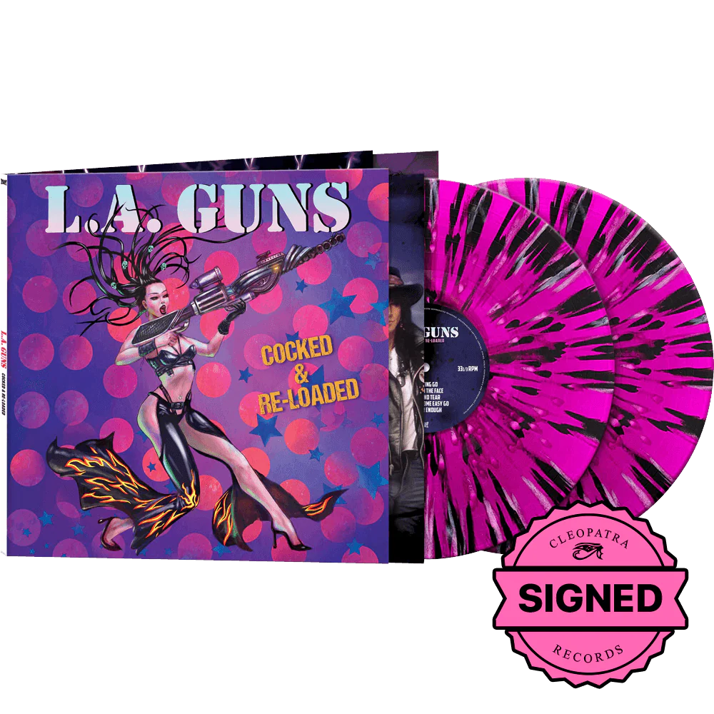 L.A. Guns - Cocked & Re-Loaded (Purple-Black-White Splatter Vinyl - Signed by Phil Lewis & Tracii Guns)